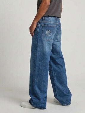 Civil Regime Streetwear Gothic C Logo Baggy Wide Leg Jeans Light Wash Men 40x32